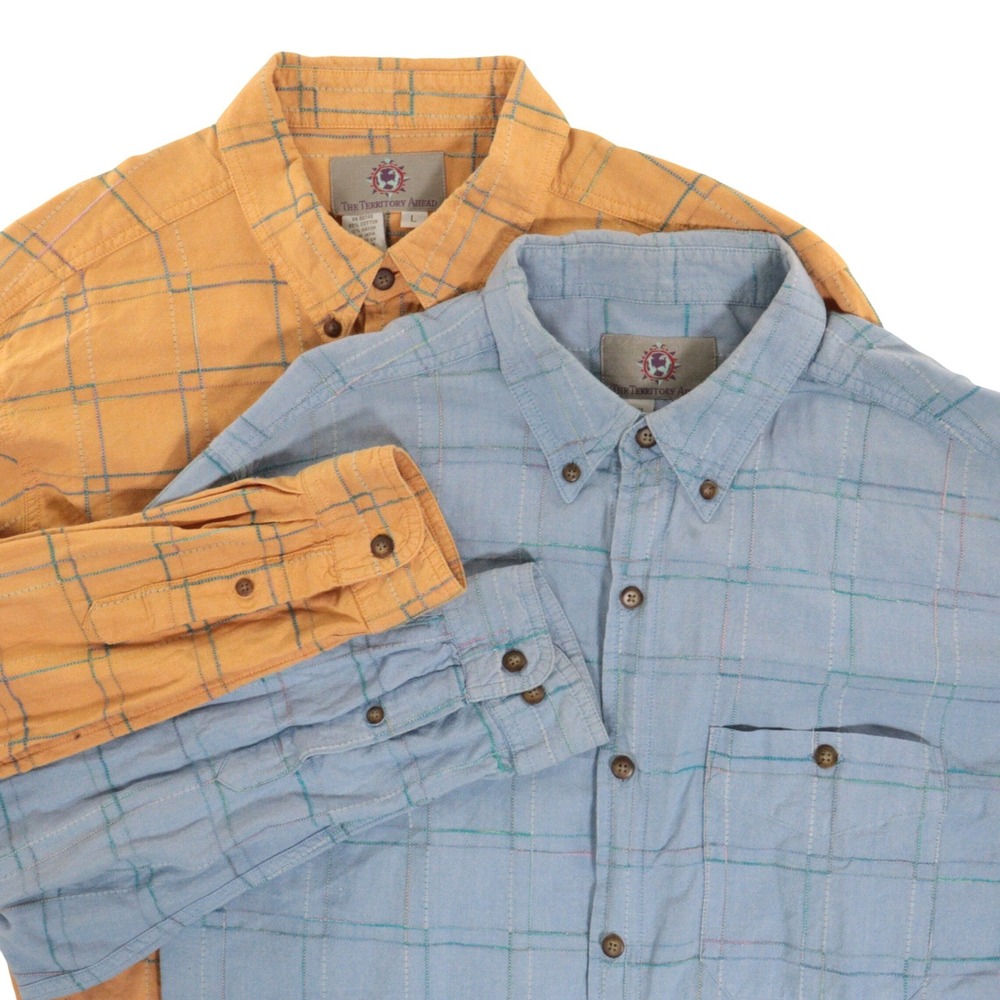 The Territory Ahead Shirt Men L Plaid Grid Texture Long Sleeve Blue Cotton 2 LOT